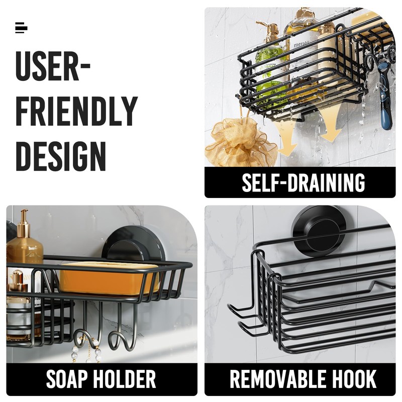 LEVERLOC Shower Caddy Suction Cup, Black Shower Shelf with Hooks