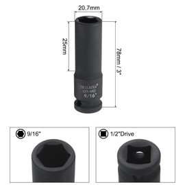 sourcing map 9/16 Inch SAE Deep Impact Socket 1/2 Inch Drive 6 Point Design CR-MO Steel Nut Impact Grade Socket for Auto Repair