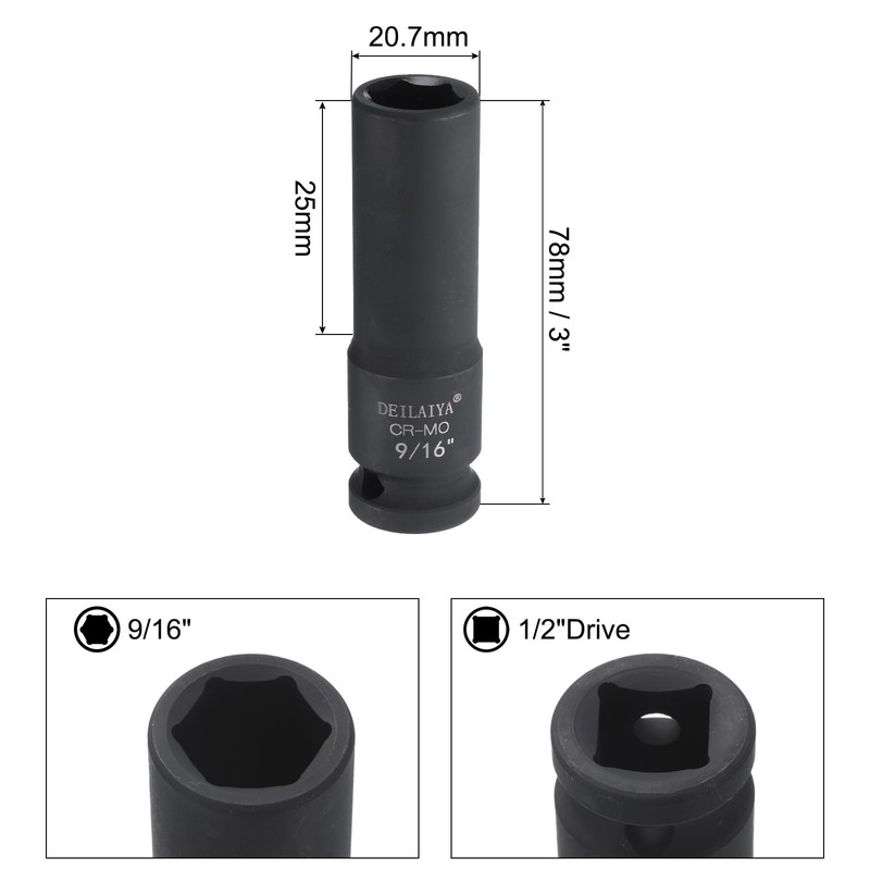 sourcing map 9/16 Inch SAE Deep Impact Socket 1/2 Inch