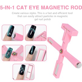 5 in 1 Nail Magnet Tool, Multi-Function Stick for Cat Eye Gel Nails Polish, Nails Art Accessories Nail Magnetic Stick for Salon Home DIY (Pink)