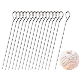 GSHLLO 16 Pcs Meat Trussing Needle and 70m Cooking Twine Chicken Roasting Needle Stainless Steel Barbecue Skewers Turkey Lacers Poultry Lacing Kit Poultry Grilling Supplies for BBQ