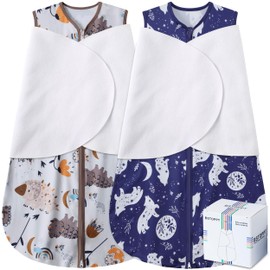 BSTOPPT Newborn Sleep Sack Baby Swaddle,3-Way Adjustable Wearable Blanket,100% Rayon Cotton Swaddling Sleeping Bag，TOG 0.5 (Fox & Dinosaurs, 0-3 Months)