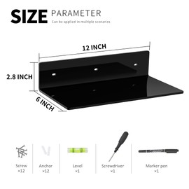 Hexsonhoma 12 Inches Black Wall Shelves Set of 4, Acrylic Floating Shelf for Wall, Wall Mounted Display Shelf for Bedroom, Living Room, Funko Pop Shelves, Smart Speaker, 4 Pack