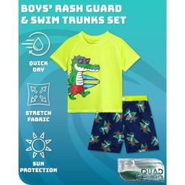 Quad Seven Baby Toddler Boys Swim Set - 2 Piece Swim Trunks and Boys Rash Guard Short Sleeve Kids Swimwear (Sizes: 12M-7), Size 2T, Yellow Dino