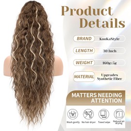 KooKaStyle Ponytail Extension 30 Inch Drawstring Pony Tails Hair Extensions for Women Long Curly Ponytail Synthetic Hairpieces for Daily Use（ Light Brown mix Light Blonde）