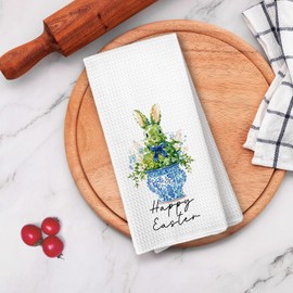 VRW Blue and White Chinoiserie Easter Bunny Kitchen Dish Towels, Happy Easter Hand Tea Towels for Kitchen Bathroom Decorations, Grand Millenial Bunny Decor Towel Gifts for Women, 16x24 Inches