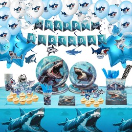 Shark Birthday Party Decorations For Kids, Shark Birthday Party Supplies-204pcs 20 Guest- Shark Plates Cups Napkins Balloons Table Cover Cutlery