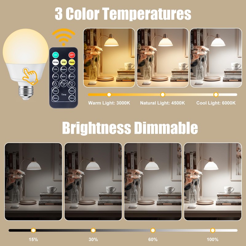 Brightown E26 Rechargeable Light Bulb with Remote Timer and 3