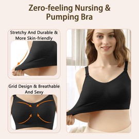 4HOW Pumping Bra Hands Free Nursing Pumping Bralette All in One Paddded Wireless Nursing Bra for Breastfeeding Black
