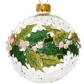 Holly Berries Blown Glass Ornament - European Mouth-Blown Clear Glass Ball