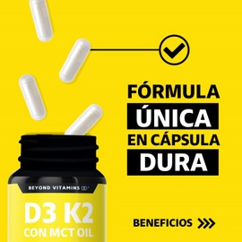 Vitamina D3 + K2 + MCT Oil | Sin Azúcar - Suplemento Alimenticio Vegano Beyond Vitamins - Ingredientes NON GMO (60 Cápsulas)