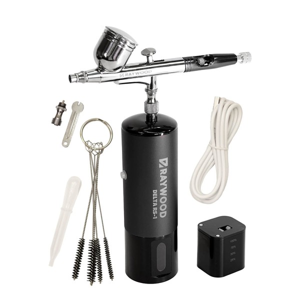 RAYWOOD Airbrush Delta Rechargeable Compressor Set, USB Type-C, Double Action Cleaner, 5 Pieces, Diameter 0.01 inch (0.3 mm), Small, Plamo, Model, Painting, Arts and Crafts (RS-1, Black)