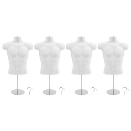 4 Pack Male Mannequin Torso Set Dress Form Torso Male Manikin with Adjustable Stand and Hanging Hook Hollow Mannequin Body Portable Display Mannequin for Sewing Counter Window Display,White