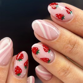 Spring Press on Nails Short Almond Fake Nails Pink False Nails with Strawberry Designs Acrylic Nails Cute Glue on Nails Glossy Short Artificial Nails Stick on Nails for Women DIY Nail Decor
