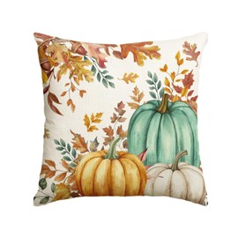 AVOIN colorlife Fall Pumpkin Maple Leaves Green Pillow Cover, 18 x 18 Inch Seasonal Thanksgiving Harvest Cushion Case Decoration for Sofa Couch