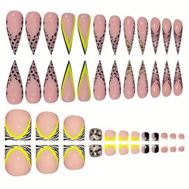 Leopard French Tips Press on Nails Long Almond Fake Nails with Green Striped Design Zebra French Tips Press on Toenails Rhinestones False Toenails Short Square Fake Toenails for Women Manicure 48Pcs