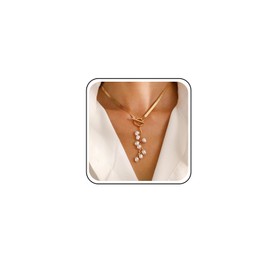 Inateannal Boho Pearl Y Lariat Necklace Gold Herringbone Choker Necklace Long Pearl Tassel Pendant Necklace Pearl Clasp Toggle Necklace Snake Pearl Y Drop Necklace Wedding Jewelry for Women