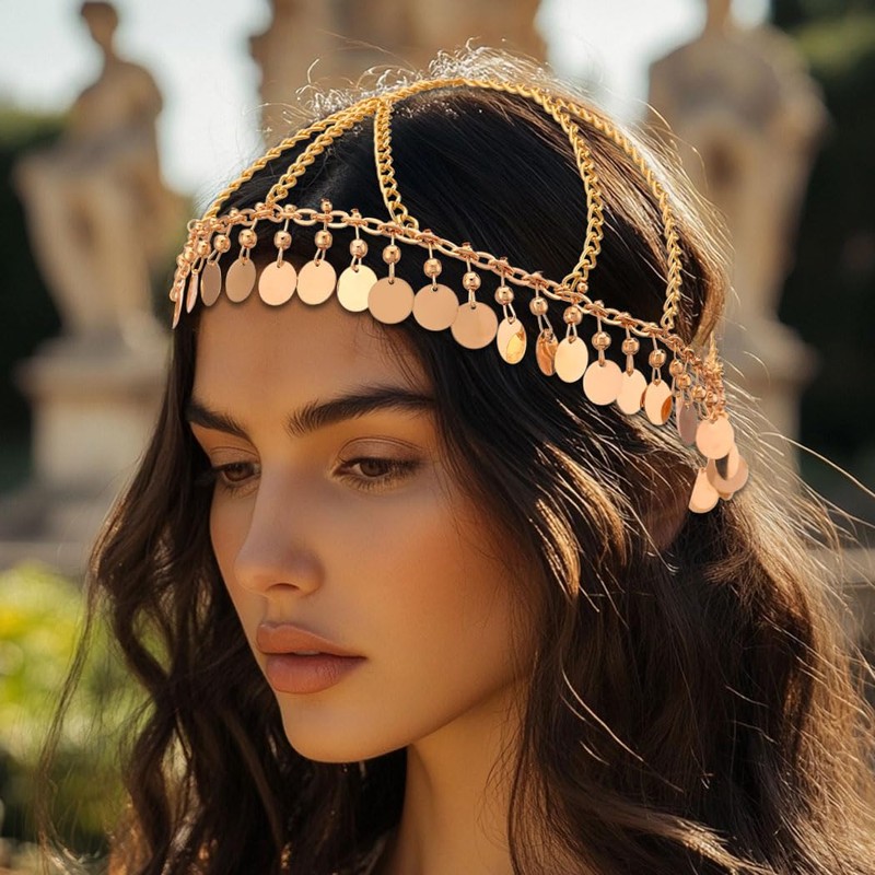 JAKAWIN Sequin Head Chain Jewelry Gold Egyptian Headpiece for Women
