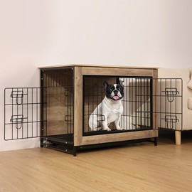 Dog Crate Furniture, Dog Kennel Furniture with Double Door, 32.5" Dog Crates for Medium Dogs with Removable Tray, Light Brown