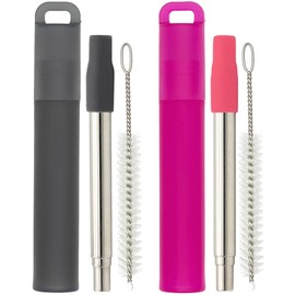 NAIVELY-Metal Reusable Straws, 2 Pack Collapsible Portable Stainless Steel Straws, with Plastic Housing Silicone Tips and Cleaning Brush, Retractable Portable Pocket Drinking Straws