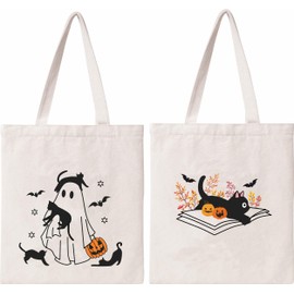 Lamkidle - Bolsa de mano de fantasma para gatos, bolsa de lona de algodón de Halloween, para mujer, reutilizable, bolsa de compras, playa, bolsa de hombro