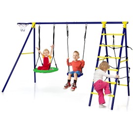 HONEY JOY 550lbs 2 Seat Swing Set with Heavy Duty A-Frame Metal Swing Stand, 5-in-1 Swing Sets for Backyard w/Saucer Swing, Belt Swing, Climbing Net & Ladder, Basketball Hoop, 6 Ground Stakes