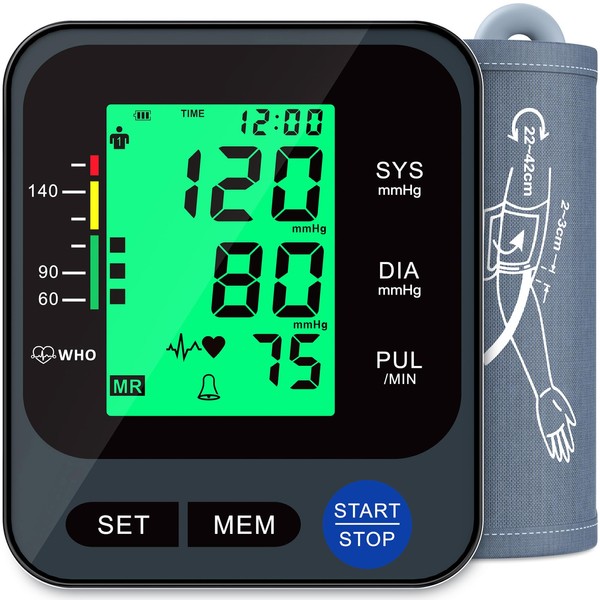 Blood Pressure Monitor for Home Use, Automatic Blood Pressure Machine with 3-Color Backlit Hypertension Display, 2x99 Memory with Upper Arm Large Cuff 22-42cm