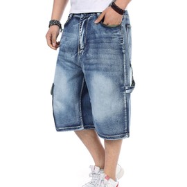 Yeokou Men's Loose Hip Hop Cropped Jeans Work Denim Shorts with Cargo Pockets (46, Light Blue)