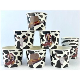Western Cowboy Party Treat Cups, 12 oz, Set of 12, Cow Print with Boot, Hat and Bull Skull Design