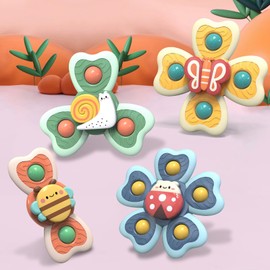 Suction Cup Toy Baby, 4 Pieces Suction Cup Spinner Baby BPA-Free Fidget Spinner Baby Toy from 3 Months Baby Spinner with Suction Cup, Table Toy Bath Toy for Travel, Bathing and Feeding