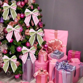 Soulchen 12 Pcs Pastel Velvet Bows for Christmas Tree Vintage Xmas Tree Topper Bows Ornaments for Christmas Wreath Pink Green Bow Craft Holiday Party Supplies