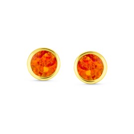 Classic Simple Iridescence Gemstone Bezel Setting Flat Round Circle Created Orange Fire Opal Stud Earrings For Women 14K Gold Plated .925 Sterling Silver Small 5MM October Birthstone