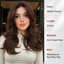 WIGER Layered Realistic Wavy Wigs for Women Natural-looking Synthetic Wigs with Bangs Mixed Brown Shoulder Length Blow Out Salon Style Heat Resistant Hair