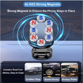 MainPi Magnetic Phone Holder for Car,8 Strong Magnets Alloy Folding Magnetic Car Phone Holder Mount,Universal Dashboard Mount,720° Rotation,Strong Magnet Grip Compatible with All Smartphone (Black)