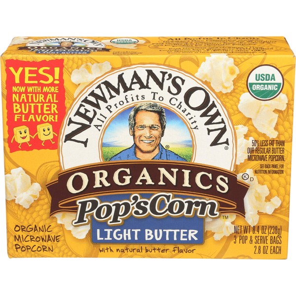 Newman's Own Organic Pop's Corn Microwave Popcorn, Light Butter, 3