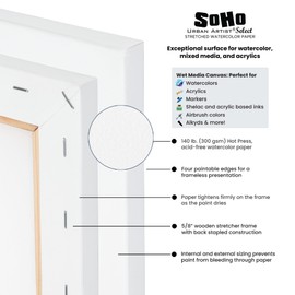 SoHo Urban Artist Select Stretched Cotton Watercolor Paper on 5/8" Frame - 8"x8" 140lb, 300gsm - 100% Acid-Free Cotton Paper for Mixed Media, Watercolor & More - Professional Artists, Students