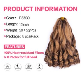 French Curl Braiding Hair 12 Inch 8 Packs Curly Braiding Hair Pre Stretched 50g/pack Loose Wavy Crochet Hair Synthetic Hair Extensions for Black Women (12 inch,8 packs, P33/30#)