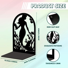 Peacoblue Metal Bookends for Shelves, Modern Decorative Heavy Duty Study Book Support Stoppers for Office, Desk, Shelf, Room 5.3"x4.3"x7.9" Cast Iron Simple Tall Bookends, 1 Pair (Mermaid)