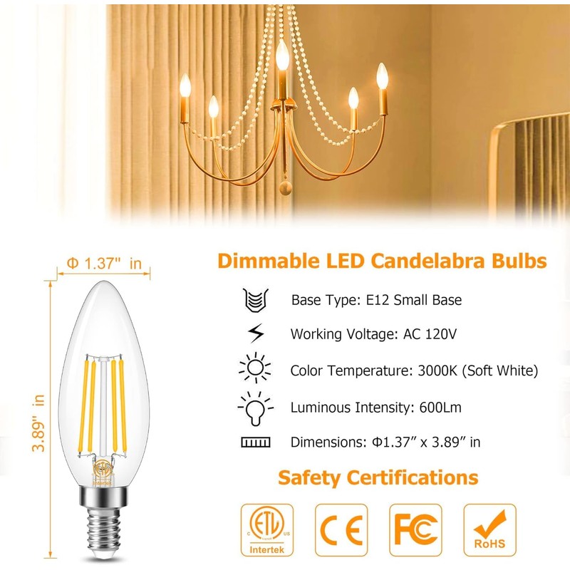 Cotanic E12 LED Bulb Dimmable 3000K Soft White, LED Candelabra