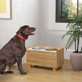 PawHut 14" H Elevated Dog Bowls, Raised Dog Bowl Stand Pet Feeding Station with Removable Slow Feeder Bowl, 2 Stainless Steel Food Water Bowls, Storage, for Small to Large Dogs - Oak
