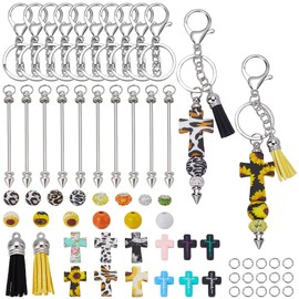 BEUNITONE 108 Pcs Beadable Keychains Bars DIY Cross Beadable Keychain Bars Bead kit 12 Set DIY Multicolor Cross Tassels Blank Bulk Keychains for Adults Women Students Gift
