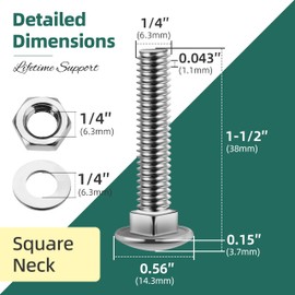 EASTPUK (20 Sets) 1/4-20 x 1-1/2 Carriage Bolts with Nuts and Washers, 304 Stainless Steel Round Head Square Neck 1/4 Carriage Bolts Screws, Full Thread for Outdoor