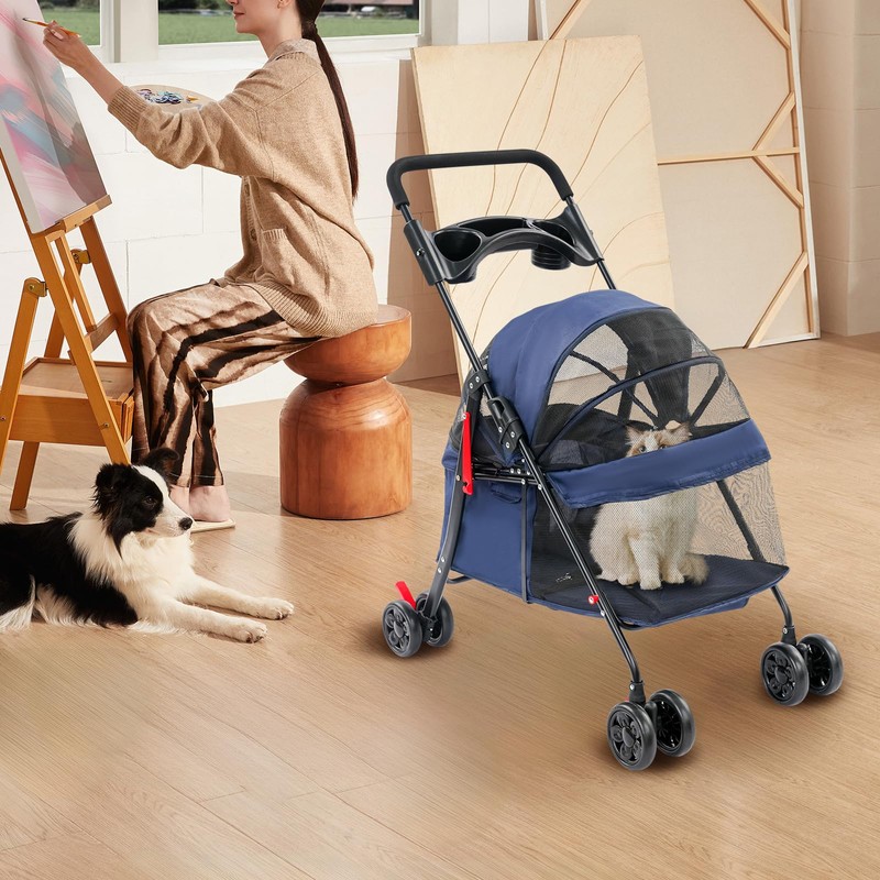Foldable Pet Stroller with Weather Cover,4 Wheels Pet Strolling Cart