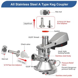 Dbgogo All Stainless Steel A Type Keg Coupler German Slider Style Keg Coupler Beer Keg Tap Dispenser for I.D 5/16” Draft Beer Line Beer Barrel Coupler A System Keg Coupler with Relief Valve