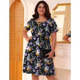 FOLUNSI Women's Plus Size Casual Summer Dresses Square Neck Floral Dress with Ruffle Sleeve Color 379,4X