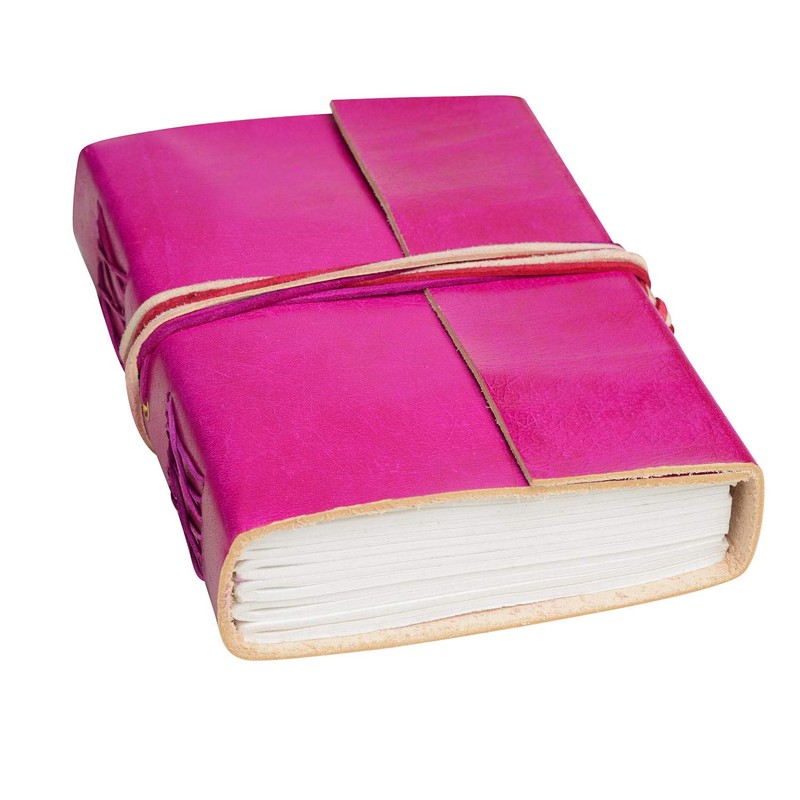 Handmade 3-String Cerise Pink Leather Journal | Plain Recycled Paper