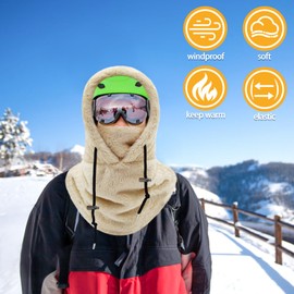 LINSOCLE Plush Balaclava Winter Scarf Hat for Men and Women, Thermal Balaclava Fleece Balaclava Hood Scarf with Hood, Ski Mask, Motorcycle Mask for Cycling, Skiing, Windproof Neck Warmer, khaki
