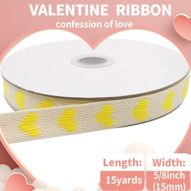 5/8 Inch Cotton Ribbon - 15 Yards Love Heart Pattern Gift Wrapping Ribbon for Crafts, Soft Cotton Webbing Straps for DIY, Sewing, Packaging, Wedding & Party Decorations, Mother's Day (Yellow)