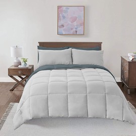 Royal Hotel Bedding Soft and Plush Down Alternative Comforter - Reversible with 2 Colors Duvet Insert Comforter - Hypoallergenic Hotel Plush Down-Alternative - Oversized Queen, Navy and Gray-Silver