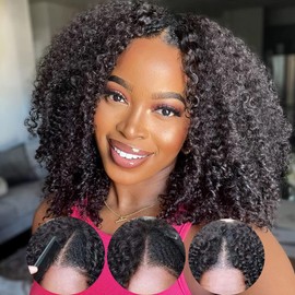 Nadula V Part Kinky Curly Wigs Human Hair No Leave Out Upgraded U Part Wigs for Women Affordable 4C Afro Curly Vpart Wigs Clip in Half Wig Beginner Friendly 150% Density Natural Color 16inch